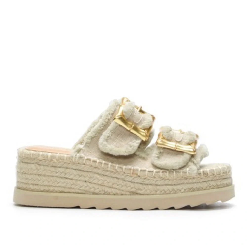 Super Comfortable! Women's Beige Espadrille Raffia Jute Wedge Platform Sandals